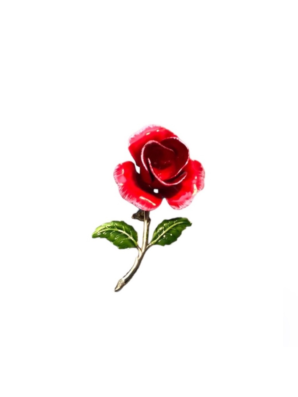 Red Rose Gold Tone Stem & Green Leaves Brooch Pin 2”